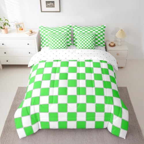 Image of Erosebridal Checkered Full Bedding Set Lime Green Grid Plaid Comforter Set with Sheets 7 Piece Geometric Gingham Bed in A Bag for Kids Boys Teen Men Bedroom-Soft Lightweight for All Season
