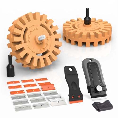 EHDIS Kit di Rueda Borrador de Goma con Adaptador - 2 x Rueda Borrador de Goma(200mm&250mm) et 2 Raspador, para Retirar Quita Pegamento Adhesivo y Pegatinas