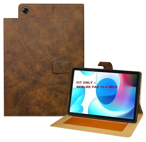 Image of Flip Cover Compatible for Realme Pad 10.4 Inch (2021) | Premium PU Leather Case with Stand Function | Smart Flip Tablet Cover with Auto Sleep /Wake | Black (Light Brown)