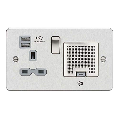 FPR9905BCG FPR9905 Flache Platte, 13 A Buchse, USB-Ladegeräte (2,4 A) und Bluetooth-Lautsprecher, gebürstetes Chrom