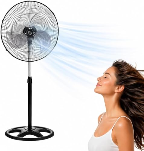 XHC Brico   Ventilador de Pie 90W, Oscilante 3 Velocidades, Altura Ajustable 110 a 130 cm, Base Redonda, Aspas de 45 cm, Apto para Hogar, Oficina y Almacén, 1 Unidad, Color Negro