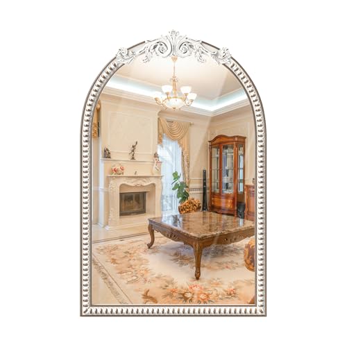 24×36” Vintage Wooden Arched Wall Mirror with Beads, Baroque Decorative Arch Mirrors for Entryway, Fireplace, Living Room, Hallway, Bathroom Boho Accent