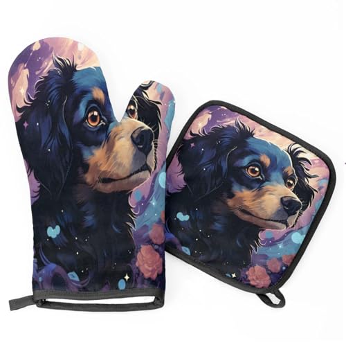 Flower Dog Watercolor Oven Mitts Kitchen Oven Gloves for Cooking Baking Heat Proof Lining Cotton Kitchen Potholder Mittens Pot Holders Hot Pads for Chef Women Men