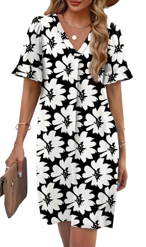 Image of OFEEFAN Summer Dresses for Women Ruffle Short Sleeve V Neck Casual Shift Dress with Pockets