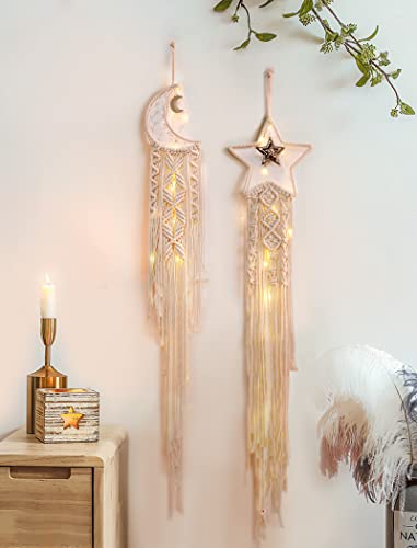 Nice Dream Macramé Atrapasueños Pluma Tejida Colgante de Pared Grande Atrapasueños Hecho a Mano Boho Borlas Decoración Decoración para el Hogar Adorno Regalo Artesanal (Estrella Lunar) Cover