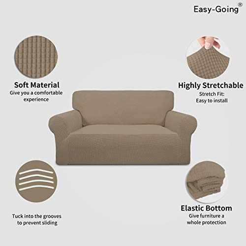 Image of Easy-Going Stretch Loveseat Slipcover 1-Piece Sofa Cover Furniture Protector Couch Soft with Elastic Bottom for Kids Polyester Spandex Jacquard Fabric Small Checks (Loveseat, Natural)