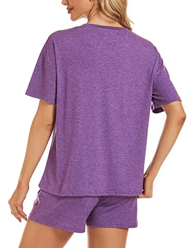 Image of LOCUBE Women's Pajama Set Soft Comfy 2-Piece Short Sleeve Lounge Sleepwear with Drawstring Shorts and Pockets