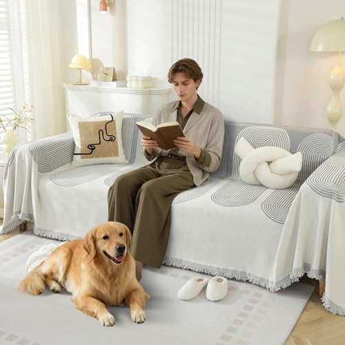 VFGFDJNDFX Funda Sofa 5 Plazas con Borlas, Reversible Fundas De Sofa Anti Gatos Antideslizante Manta Cubre Sofa Protector Foulard Sofa Antipelos Mascotas (Grey, 480 * 180cm)