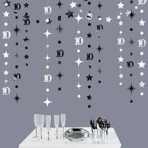Image of Silver Black 10th Birthday Decorations Number 10 Circle Dot Twinkle Star Garland Metallic Hanging Streamer Backdrop for Girls Boys Double Digits Ten Years Old Birthday 10th Anniversary Party Decor