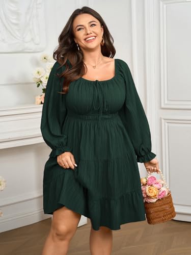 Women's Plus Size Dresses Square Neck Long Sleeve Tie Front Textured A Line Mini Dress2