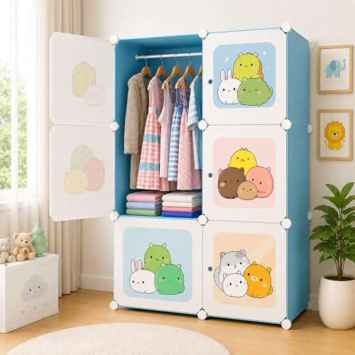 Image of 6 Door Plastic Wardrobe for Kids - Cupboard for Clothes Storage Rack, Almirah for Clothes, Baby Collapsible Wardrobe, Multi-Purpose Kids Storage Organizer for Books,Toy