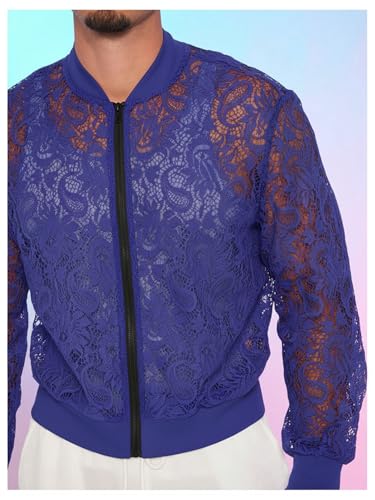 Image of WDIRARA Men's Floral Lace Bomber Jackets Long Sleeve See Through Outerwear
