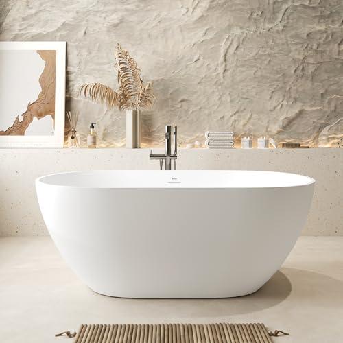 FerdY Fiji 59' Stone Resin Freestanding Bathtub, Elegant Oval Freestanding Soaking Bathtub, Solid...