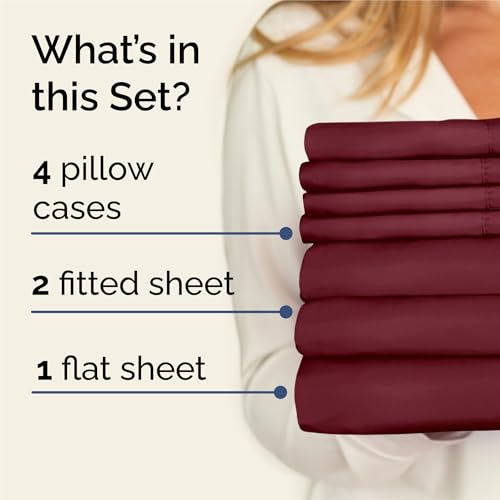 Image of Split King 7 Piece Bed Sheet Set - Comfy, Breathable & Cooling - Burgundy | Ultra-Soft Hotel Luxury Bedding Set w / 8-16 Inch Deep Pockets, 1 Flat & 2 Fitted Sheet & 4 Pillowcases, Wrinkle & Fade Free