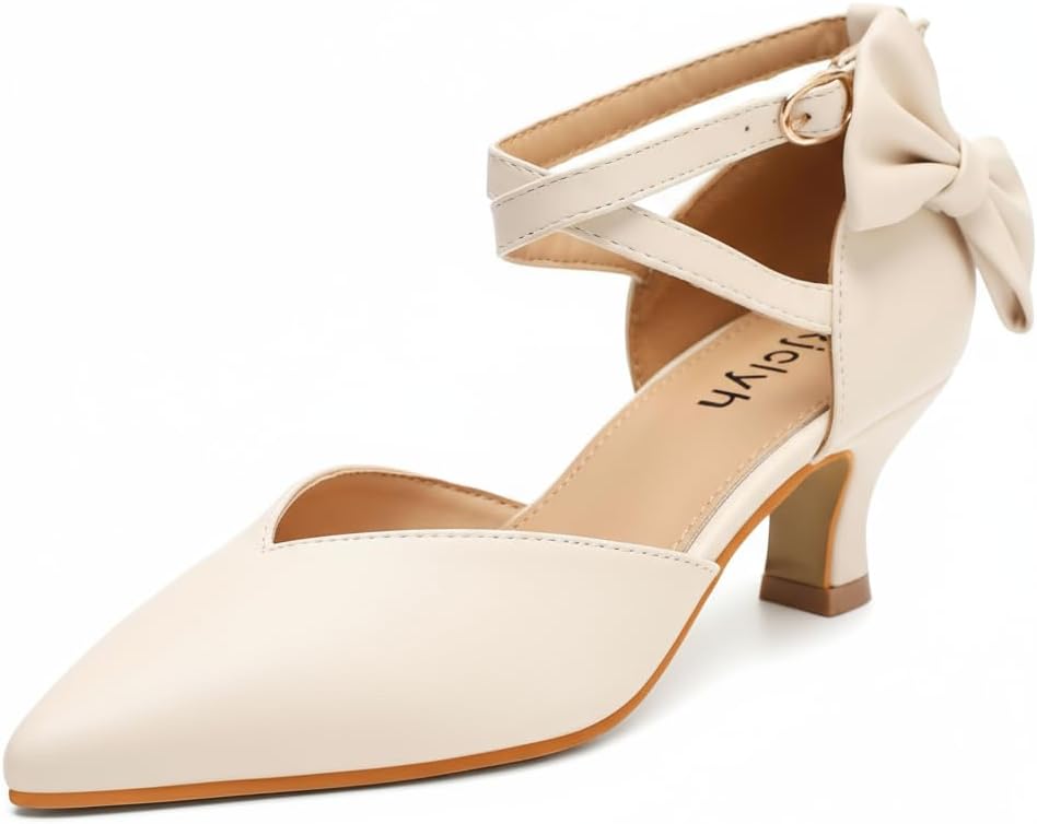 Women's Comfortable Kitten Heels Pumps - Low Block Heel Pointed Toe Ankle Strap Dress Shoes for Work, Office, Wedding, Party and Daily Wear