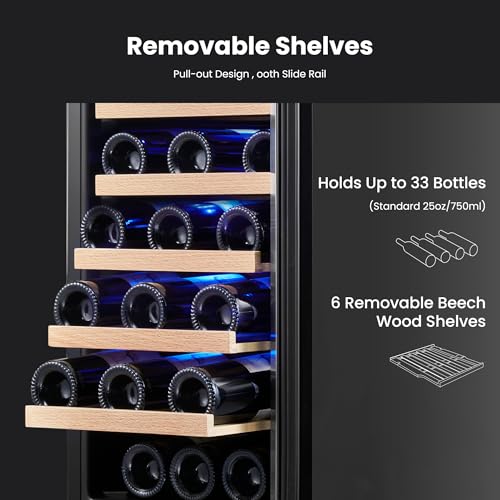 Image of Yeego Wine Fridge Cooler - 15 Inch Wine Fridge Hold 33 Bottles, 40-65F Wine Refrigerator Glass Door, Built in, Freestanding Under Counter Fridge for Beer Soda Drink Home Bar Office