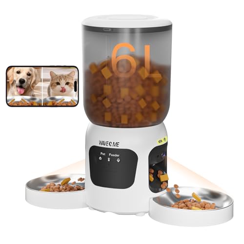 Futterautomat Katze mit Kamera 6L Automatischer Katzenfutterspender für 2 Katzen mit Doppelnapf 15 Mahlzeiten am Tag 2.4G/5G Dual-WLAN App-Steuerung 2-Wege-Audio & Nachtsicht (Double Bowl-1)
