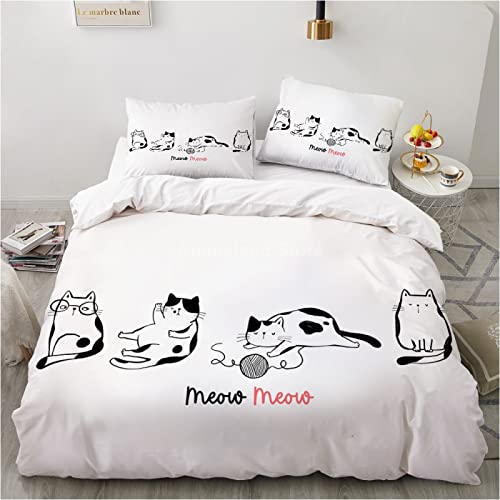 Funda Nordica Cama 150-220x240 cm Gato Blanco de Dibujos Animados, Fundas de Edredón de Suave Microfibra, Juego de Ropa de Cama con Cierre de Cremallera + 2 Fundas de Almohadas 50x75 cm