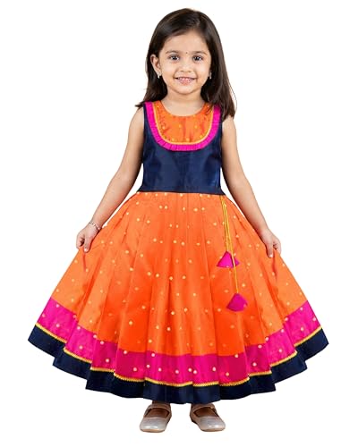 Image of Girls Designer Lehenga Choli Set Orange Rani Pink Readymade Pattu Pavadai Style Traditional Ethnic Dress for Baby Girls Kids Festive Wedding 3Months-8 Years