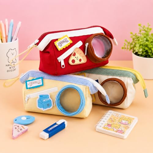 Image of Cheese Pizza Red Pencil Pouch for Girls & Boys, Large Capacity Zipper Pencil Case with Transparent Display Window & Front Pocket, Cute Food Theme Stationery Bag