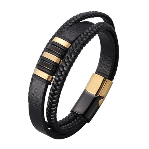 Image of Aotiwe Cool Bracelets for Men Leather, Boyfriend Bracelets Gold Black 3-Layer with Stainless Steel Ornaments 20.5cm