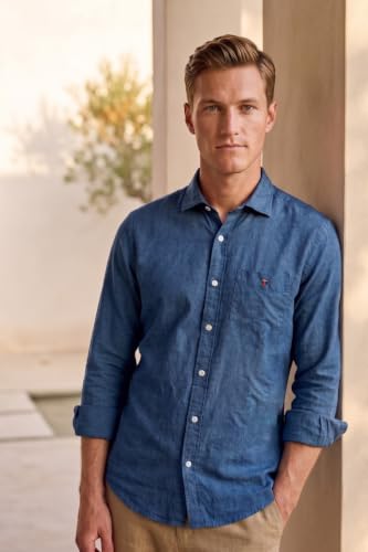 Image of Louis Philippe Men's Linen Blend Solid Shirt with Soft Handfeel & Naturally Antibacterial Finish - Holiday Wear
