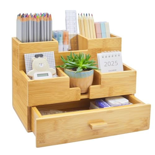 Bamboo Desk Organizer - Makeup & Pen Storage with Drawer & Pencil...