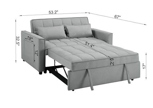 Image of 2-in-1 Convertible Loveseat Sofa Bed with Pull Out Bed and Storage Sectional Counch for Living Room, Apartment, Bedroom, Office, Light Gray