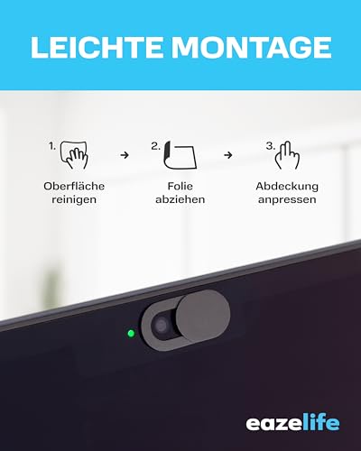 Eaze Life Webcam Abdeckung | 0.75mm extra dünn | selbstklebend | Slider Kamera Abdeckung | Privatsphärenschutz für Computer, Laptop, Tablet, Smartphone | 720p HD | Schwarz 6er Set