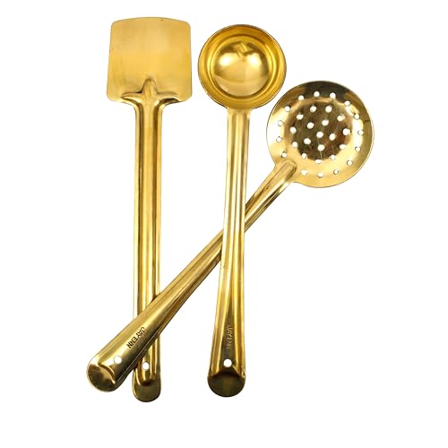 Image of Putrika Brass Ladle|Pital Karandi|Dosa Karandi|Kuli Karandi|Jali Karandi|Cooking and Serving Ladle|Kitchenware|Brass Cookware Ladle Set of 3 (Medium-Karandi Set)