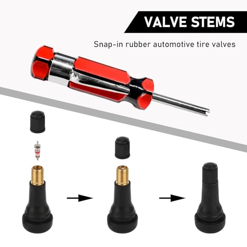 Image of DXNQ 12 PCS Tire Valve Stem Tool Puller and Installer Kit, Remover and Installation Set Includes TR413 Tire Snap in Short Rubber Valve Stem, Valve Tool Kit with Off Set & Pivoting Head