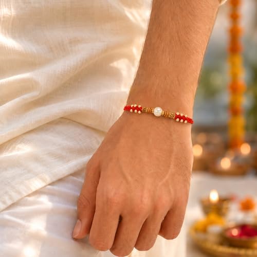 Image of Peora Rakhshabandhan Thread Rakhi for Brother Bhaiya | Crystals & Kundan Studded | Combo, Set of 3 | Rakhi Hamper with Roli Chawal & Greeting Card