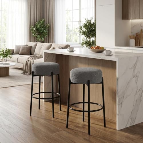 Butacos redondos IDEALHOUSE de 24", set de 2 unidades, estilo minimalista moderno con asiento suave de lana y patas metálicas sin respaldo para isla de cocina, bar o comedor miniatura 2