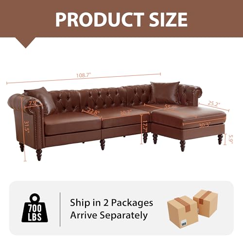Image of LEVNARY 108 inch L-Shaped Chesterfield Sectional Couch with Movable Ottoman, 4-Seat Couch with Rolled Arms, Upholstered PU Leather, Mid-Century Tufted Corner Sofa for Living Room Bedroom Office (Brown)