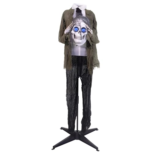 Haunted Hill Farm 53-in. Ghostly Skeleton Holding Head, Scary Talking Halloween Prop with Animated Eyes, Indoor or Covered Outdoor Halloween Decoration, Standing or Hanging Décor