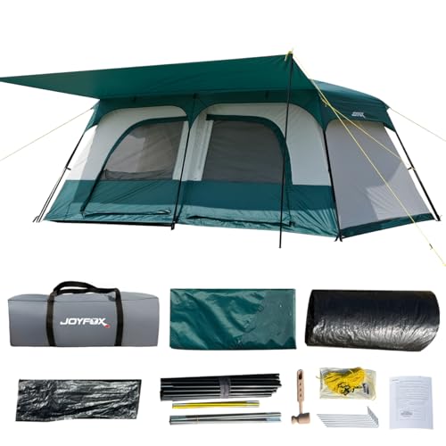 JOYFOX Grand Mansion 4000 - Barraca de Camping Gigante para 10-12 Pessoas, Impermeável 4000mm com 2 Quartos e 1 Sala, Tenda Familiar de Camada Dupla com Varanda e Proteção UV50+, 430x305x210cm