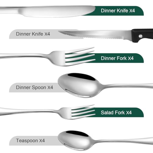 Image of 24-Piece Silver Silverware Set with Steak Knives Black Stainless Steel Flatware Set for 4 Food Grade Tableware Cutlery Set Rust-proof, Mirror Polished, Dishwasher Safe
