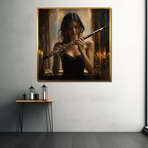 Peinture sur toile femme à la flûte décor vintage encadré 80x80 cm