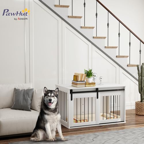 PawHut Hundekäfig 98 cm Hundebox für Zuhause mit Abschließbar Schiebetüren Moderne Metall Indoor Hundehütte für große Hunde Hundehaus 98 x 58 x 61 cm Weiß