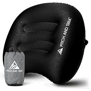 Pitch and Trek Camping Pillow with Removable Cover, Ultralight Portable Compact Inflatable Pillow for Neck Lumbar Support, Compressible Pillow for Hiking, Beach, Hammock, and Backpacking Gear