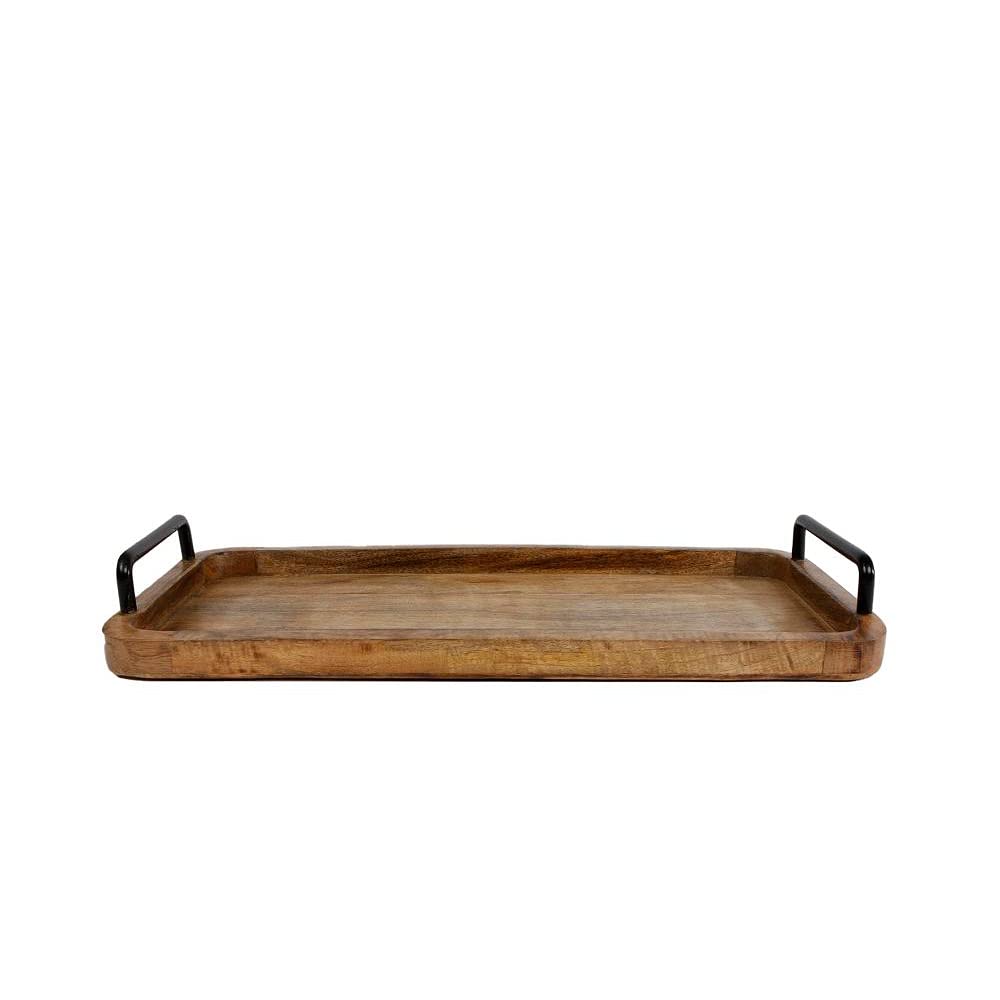 BigDean Plateau de service en bois de manguier - 60 x 30 x 3 cm - Plateau en bois vintage - Unique - Plateau en bois avec poignées en métal - Plateau de cuisine rectangulaire