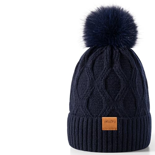 Jikuzfu Womens Winter Beanie Hat with Pom Pom，Cute Warm Knit Hat Warm Fleece Lined Knitted Soft Ski Cuff Cap Navy Blue