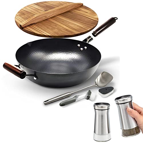 HOME EC Bundle Carbon Steel Wok and Salt and Pepper Shakers Set