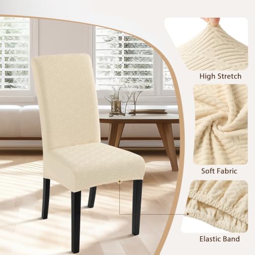 Image of SearchI Jacquard Dining Room Chair Covers Set of 4, Stretch Kitchen Chair Covers Washable Parsons Chair Slipcover Removable Dining Chair Protectors for Hotel,Ceremony(Beige Maze Jacquard)
