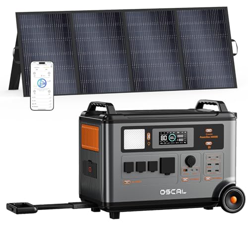 Image of OSCAL 3600W Portable Solar Power Station with 400W Solar Panels, PowerMax 3600SE 3600Wh Solar Generator, 1800W AC/ 1600W Solar Fase Charging, LiFePO4 Battery Power Station for Home, RV, Emergencies