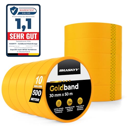 HASKYY Goldband Malerkrepp Kreppband 10x Malerband 30mm x 50m Profi Abdeckband Malertape Klebeband Washi Tape Gold Papiertape Selbstklebend