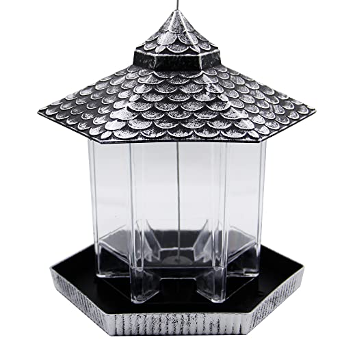 Twinkle Star Wild Bird Feeder Outdoor Hanging For Garden Yard Outside Decoration, Hexagon Shaped With Roof, Silver #TOP6