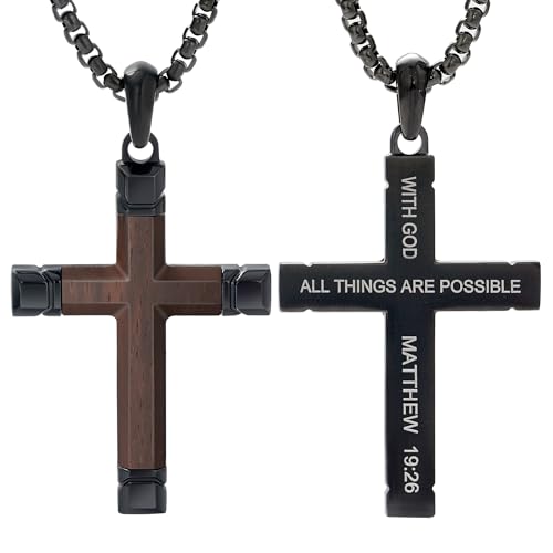 Image of Wooden Cross Necklace for Men with Stainless Steel Adjustable Chain 24-26in, Christian Wood Crucifix Pendant Gift for Him
