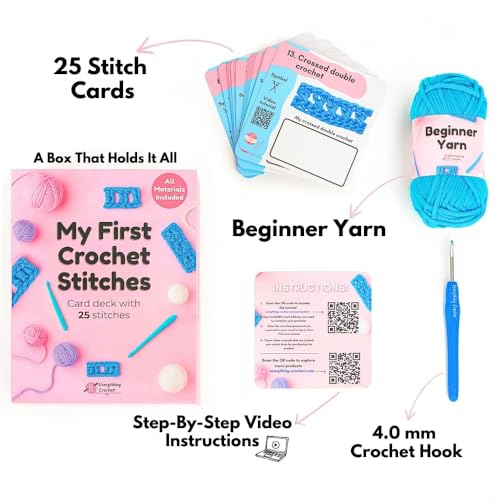Everything Crochet Stitches Card Deck for Beginners - Learn to Crochet Kit for Adults, Kids & Newbies - 25 Stitch Cards with Step-by-Step Video Tutorials - Crochet Stitch Dictionary & Complete Course