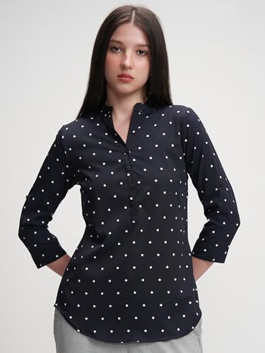 Image of Tokyo Talkies Women's Polka Dots Mandarin Collar Top | Roll-Up Sleeves | Smart & Casual | Perfect for Work & Everyday Chic | Tops for Woman | Women Tops | Stylish Top